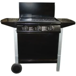 Barbecue à gaz mixte Grill + Plancha 3 brûleurs sur chariot - Fonte ém